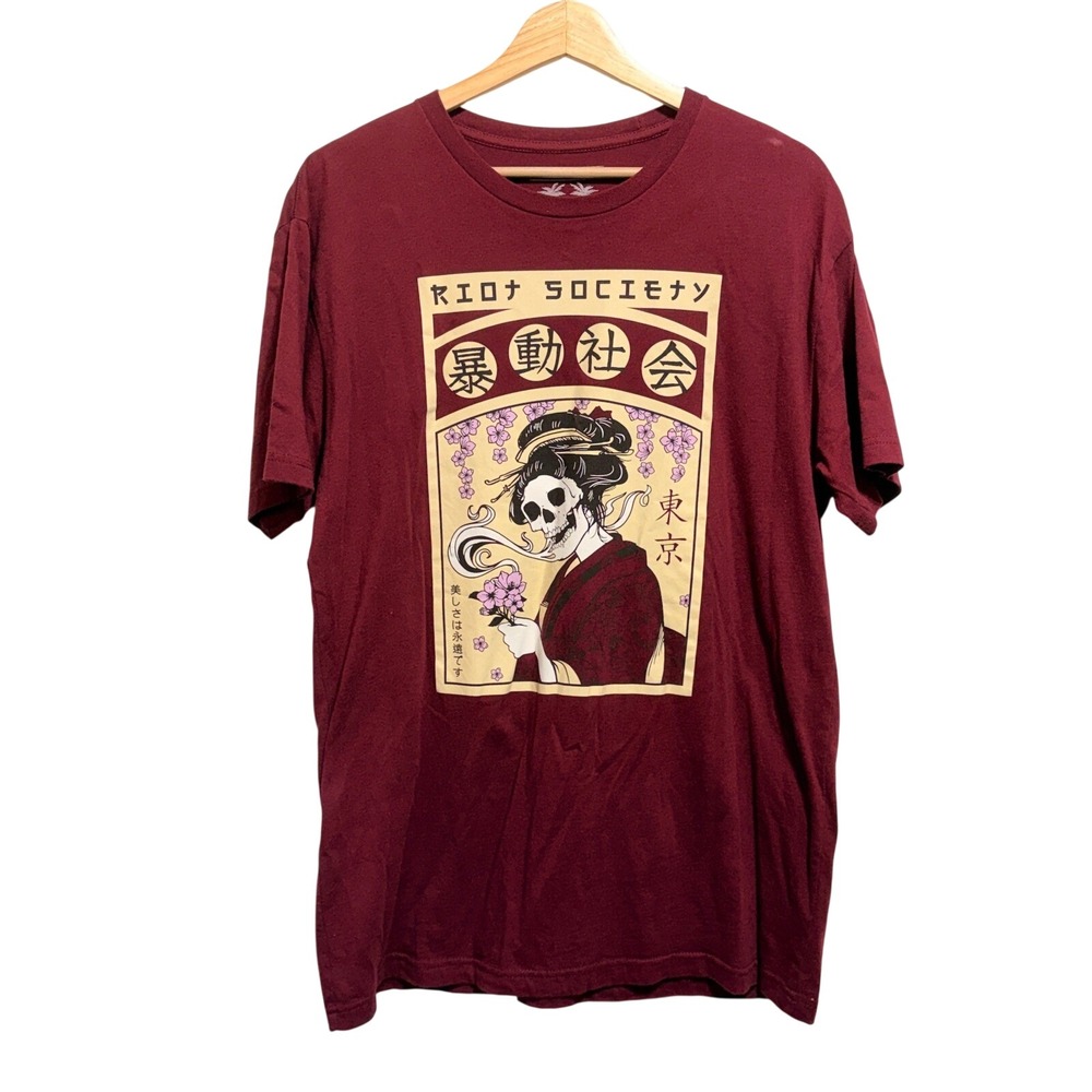 Riot Society Tokyo Geisha Skeleton Graphic Tee L Burgundy Streetwear Anime Read